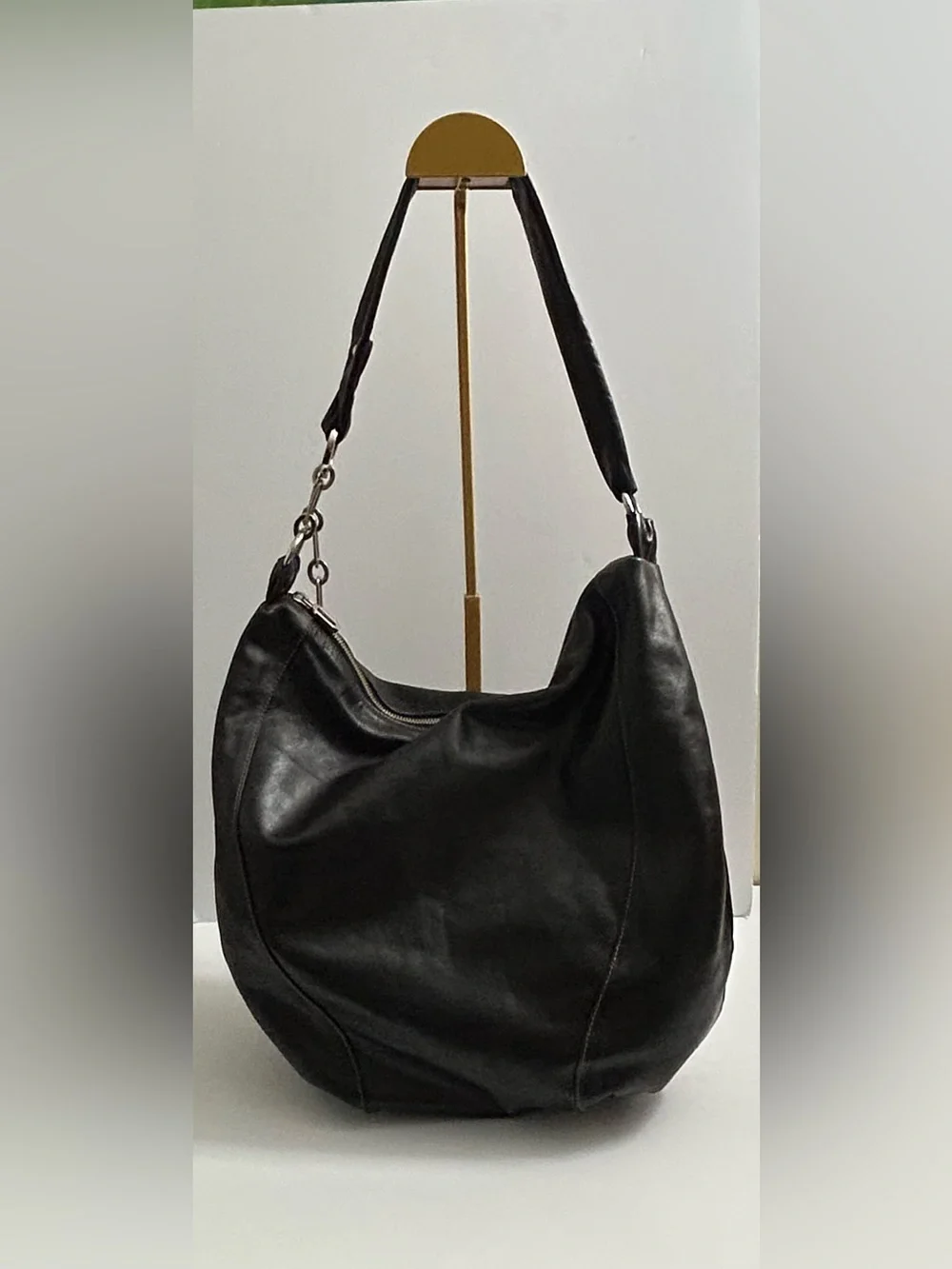 Prune Black Leather Hobo with Metal Ring Accents
